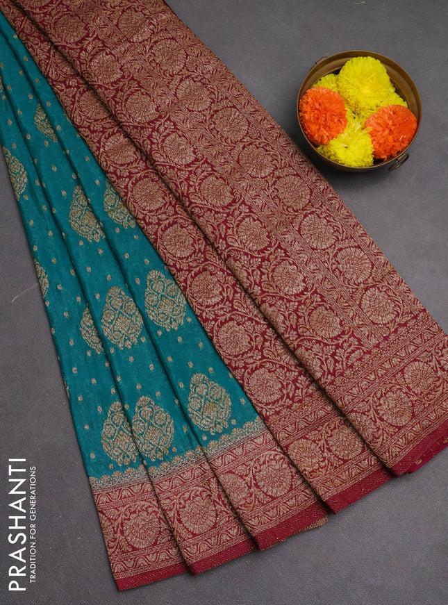 Banarasi semi crepe saree teal blue and dark pink with woven buttas and woven border