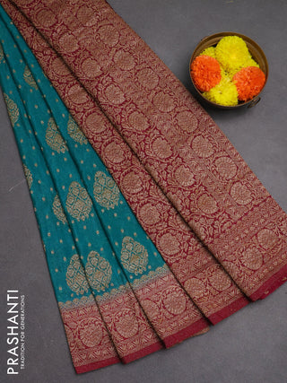 Banarasi semi crepe saree teal blue and dark pink with woven buttas and woven border