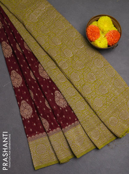 Banarasi semi crepe saree wine shade and lime green with woven buttas and woven border