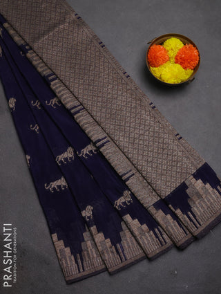 Banarasi semi crepe saree navy blue with woven buttas and woven border