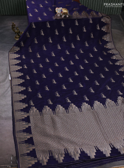 Banarasi semi crepe saree navy blue with woven buttas and woven border