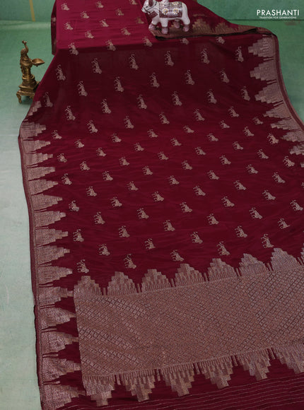 Banarasi semi crepe saree wine shade with woven buttas and woven border