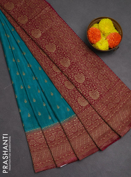 Banarasi semi crepe saree teal blue and dark pink with woven buttas and woven border