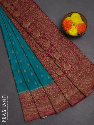 Banarasi semi crepe saree teal blue and dark pink with woven buttas and woven border