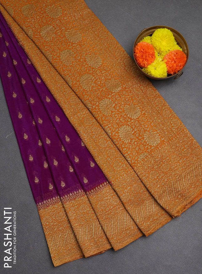 Banarasi semi crepe saree purple and mustard yellow with woven buttas and woven border