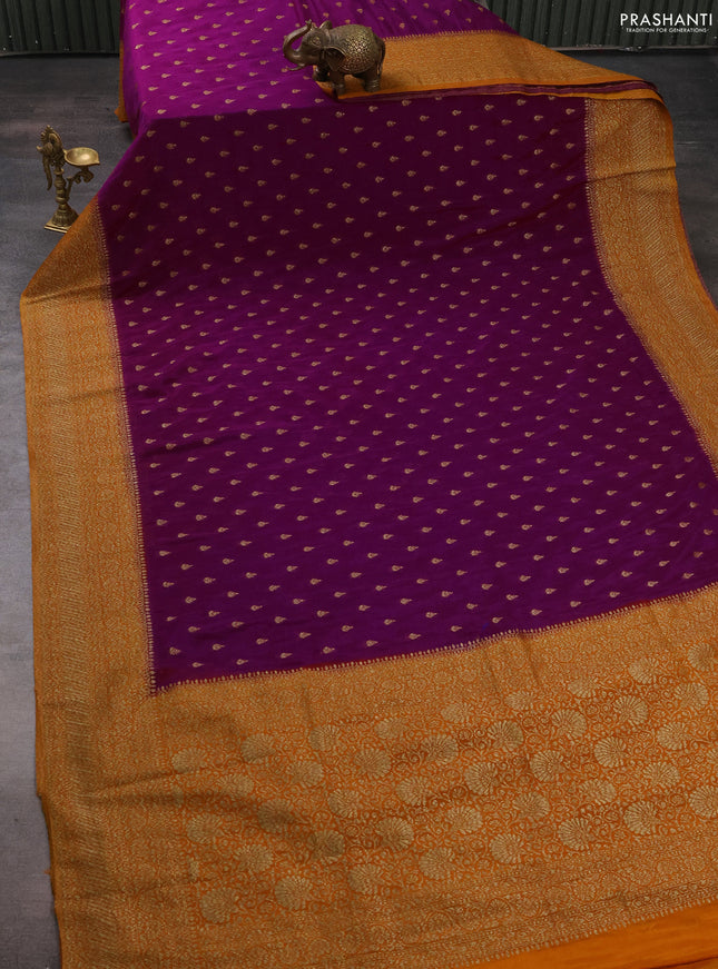 Banarasi semi crepe saree purple and mustard yellow with woven buttas and woven border