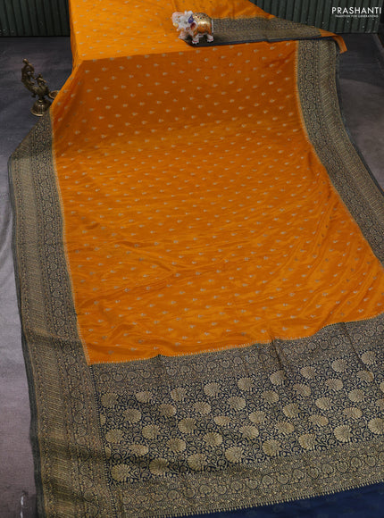 Banarasi semi crepe saree mango yellow and navy blue with woven buttas and woven border