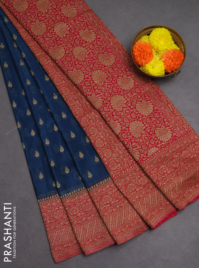 Banarasi semi crepe saree peacock blue and dark pink with woven buttas and woven border