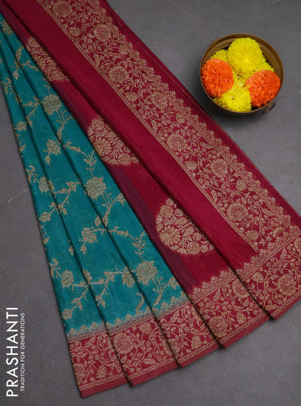 Banarasi semi crepe saree teal green and dark magenta pink with woven buttas and woven border