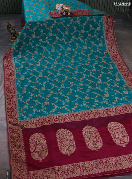 Banarasi semi crepe saree teal green and dark magenta pink with woven buttas and woven border