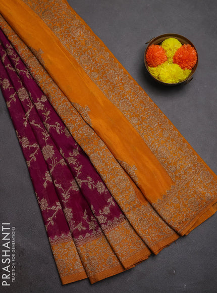 Banarasi semi crepe saree purple and mustard yellow with woven buttas and woven border