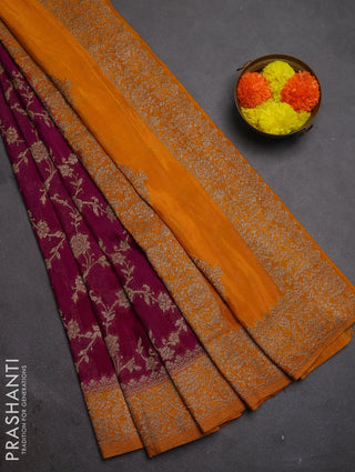 Banarasi semi crepe saree purple and mustard yellow with woven buttas and woven border
