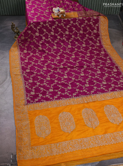 Banarasi semi crepe saree purple and mustard yellow with woven buttas and woven border