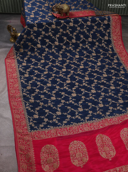 Banarasi semi crepe saree peacock blue and pink with woven buttas and woven border