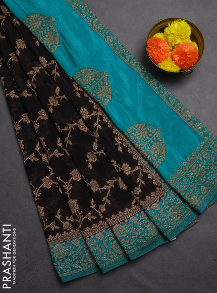 Banarasi semi crepe saree deep jamun and teal blue with woven buttas and woven border