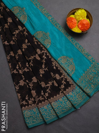 Banarasi semi crepe saree deep jamun and teal blue with woven buttas and woven border