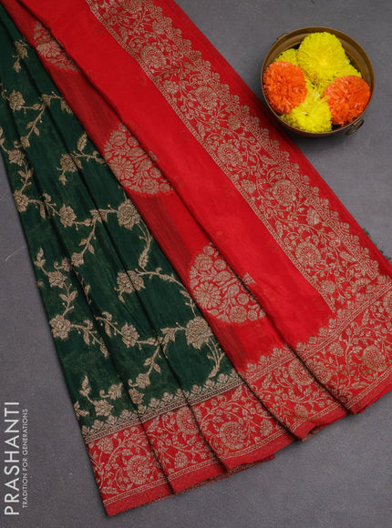 Banarasi semi crepe saree green and red with woven buttas and woven border