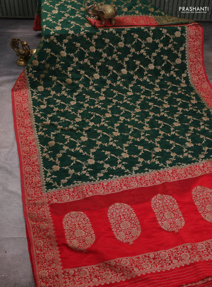 Banarasi semi crepe saree green and red with woven buttas and woven border
