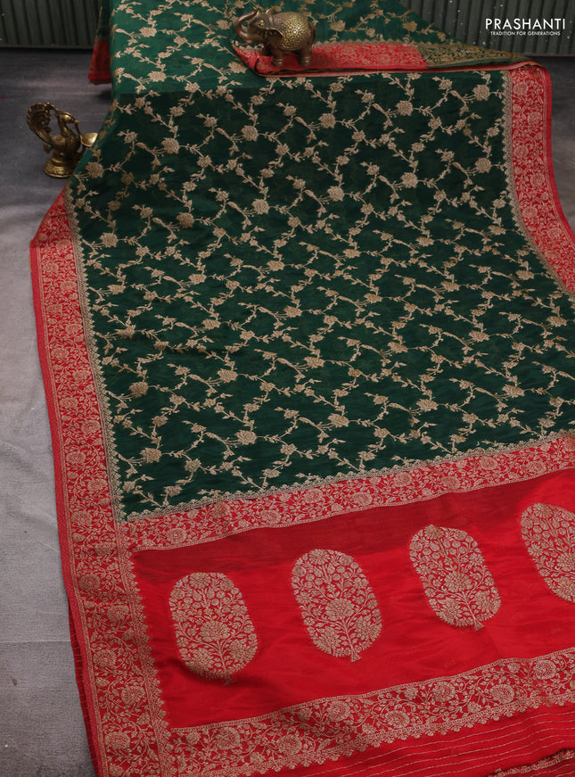 Banarasi semi crepe saree green and red with woven buttas and woven border