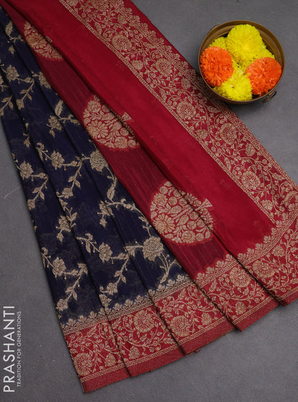 Banarasi semi crepe saree navy blue and maroon with woven buttas and woven border
