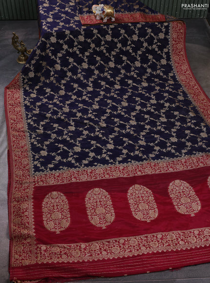 Banarasi semi crepe saree navy blue and maroon with woven buttas and woven border