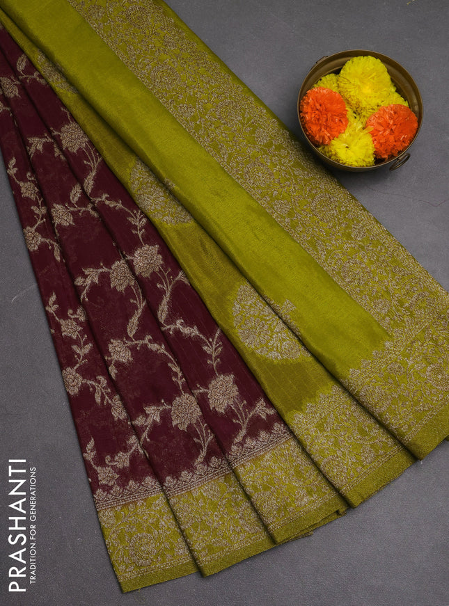 Banarasi semi crepe saree maroon and lime green with woven buttas and woven border