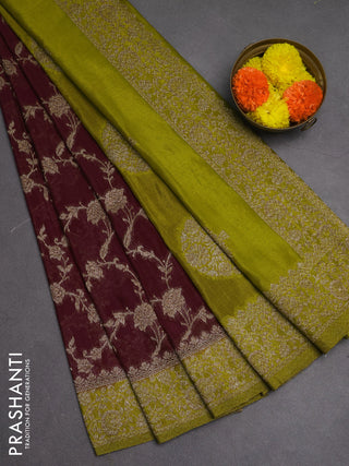 Banarasi semi crepe saree maroon and lime green with woven buttas and woven border