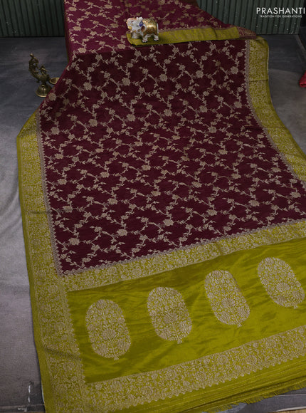 Banarasi semi crepe saree maroon and lime green with woven buttas and woven border