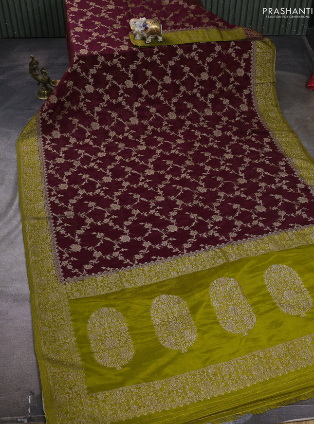Banarasi semi crepe saree maroon and lime green with woven buttas and woven border