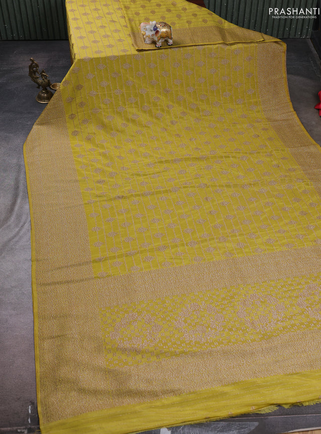 Banarasi semi crepe saree lime yellow with allover thread & zari weaves and woven border