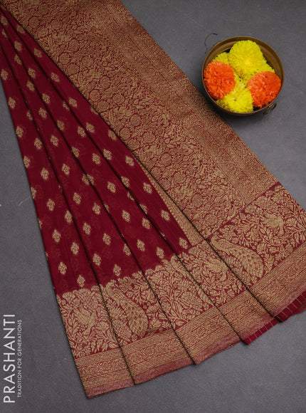 Banarasi semi crepe saree maroon with woven buttas and woven border