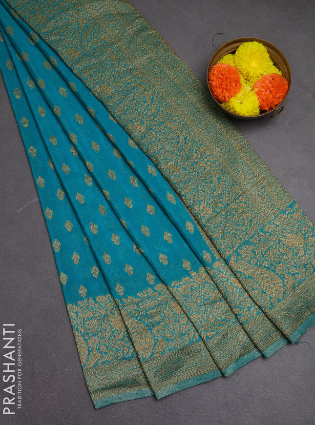 Banarasi semi crepe saree teal blue with woven buttas and woven border