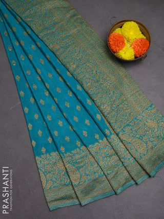 Banarasi semi crepe saree teal blue with woven buttas and woven border