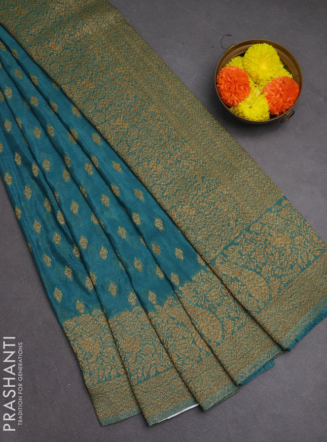 Banarasi semi crepe saree teal blue with woven buttas and woven border