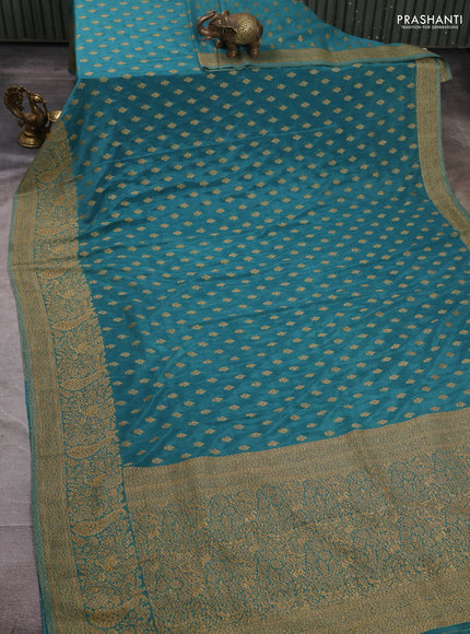 Banarasi semi crepe saree teal blue with woven buttas and woven border
