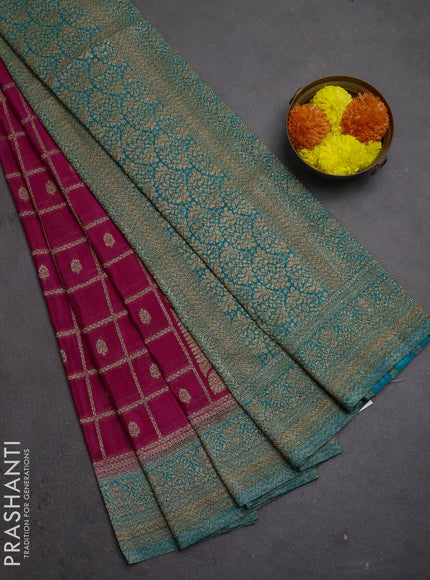 Banarasi semi crepe saree pink and teal blue with allover checks & buttas and woven border