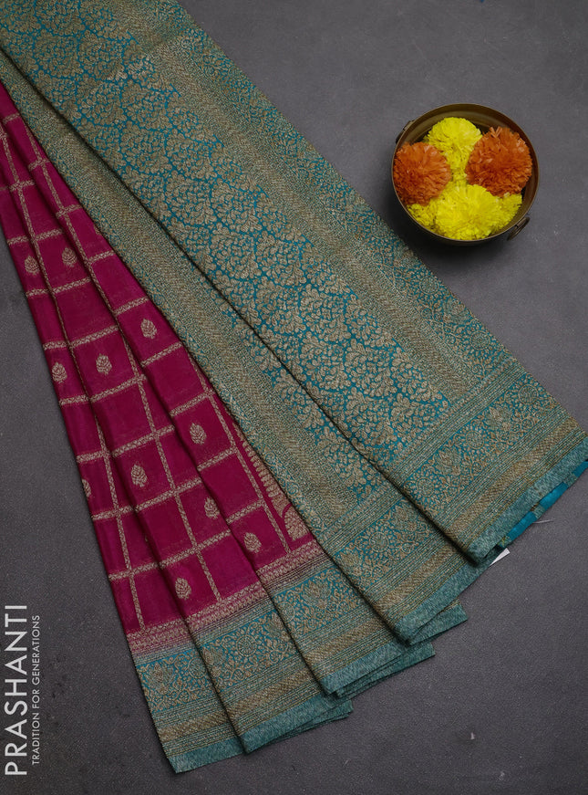 Banarasi semi crepe saree pink and teal blue with allover checks & buttas and woven border