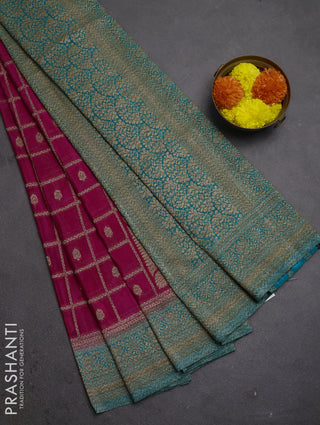 Banarasi semi crepe saree pink and teal blue with allover checks & buttas and woven border