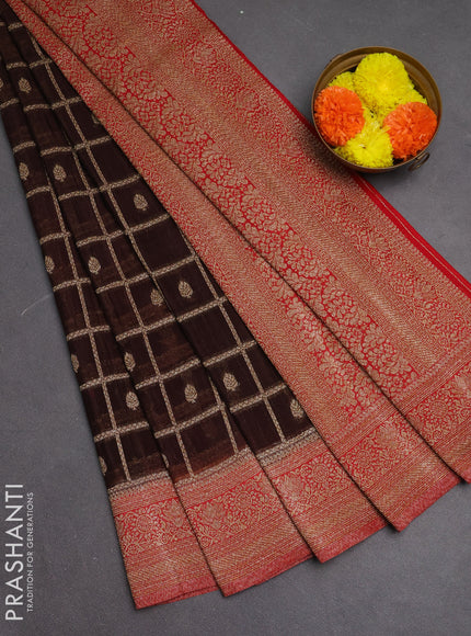 Banarasi semi crepe saree coffee brown and red with allover checks & buttas and woven border
