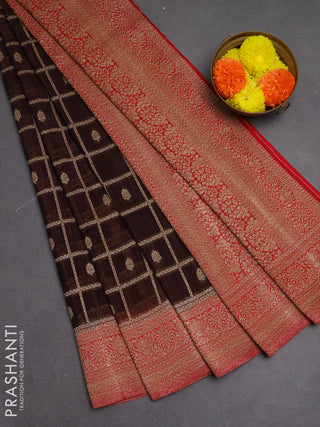 Banarasi semi crepe saree coffee brown and red with allover checks & buttas and woven border
