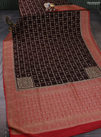 Banarasi semi crepe saree coffee brown and red with allover checks & buttas and woven border