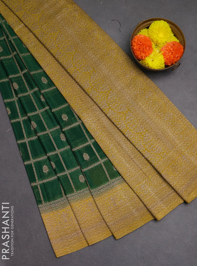 Banarasi semi crepe saree green and yellow with allover checks & buttas and woven border