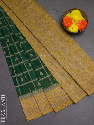 Banarasi semi crepe saree green and yellow with allover checks & buttas and woven border