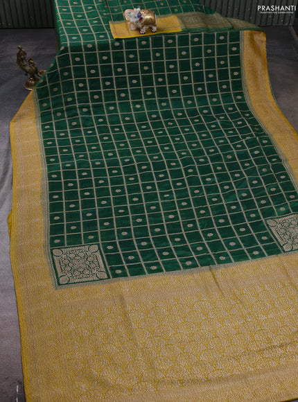 Banarasi semi crepe saree green and yellow with allover checks & buttas and woven border