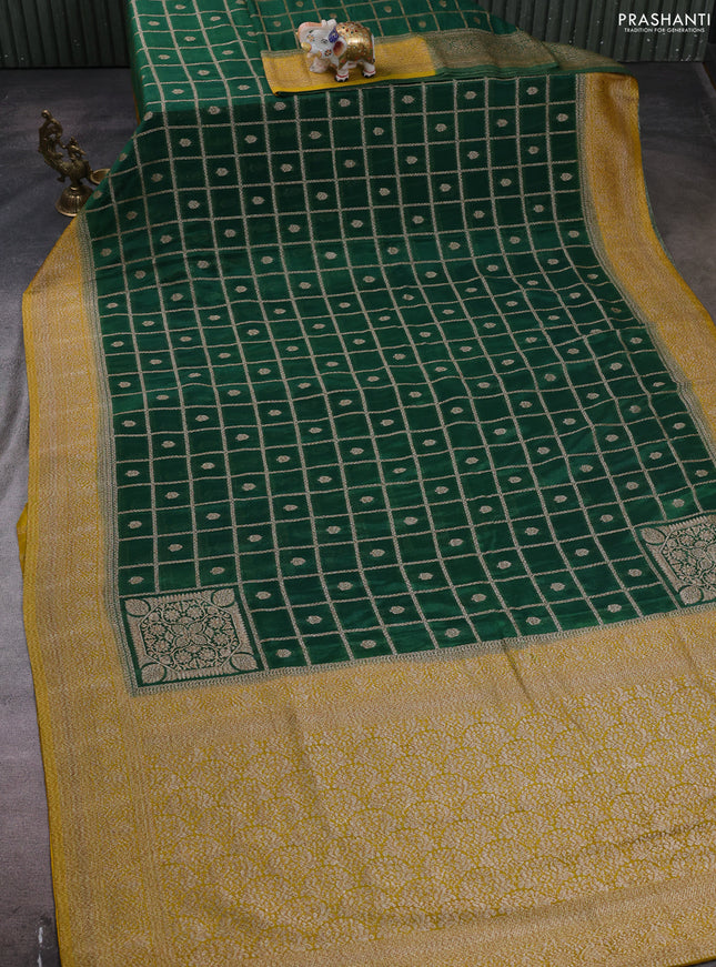 Banarasi semi crepe saree green and yellow with allover checks & buttas and woven border