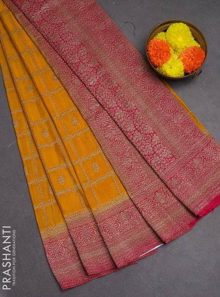 Banarasi semi crepe saree mustard yellow and pink with allover checks & buttas and woven border