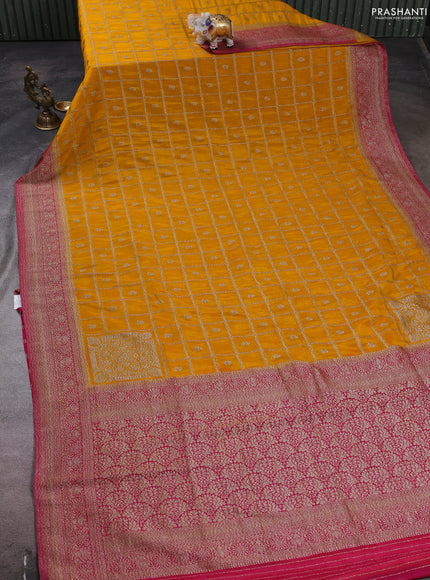 Banarasi semi crepe saree mustard yellow and pink with allover checks & buttas and woven border