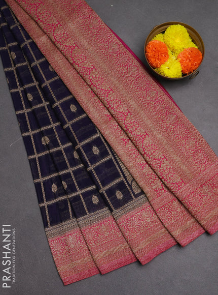 Banarasi semi crepe saree dark blue and pink with allover checks & buttas and woven border