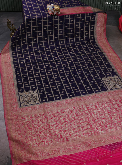 Banarasi semi crepe saree dark blue and pink with allover checks & buttas and woven border