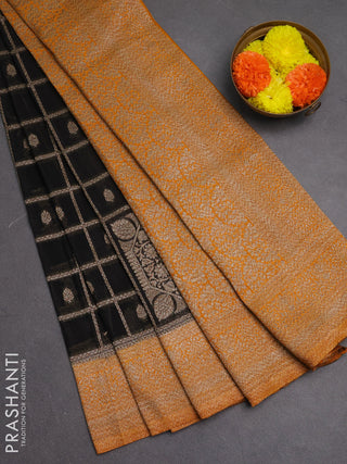 Banarasi semi crepe saree black and mustard yellow with allover checks & buttas and woven border